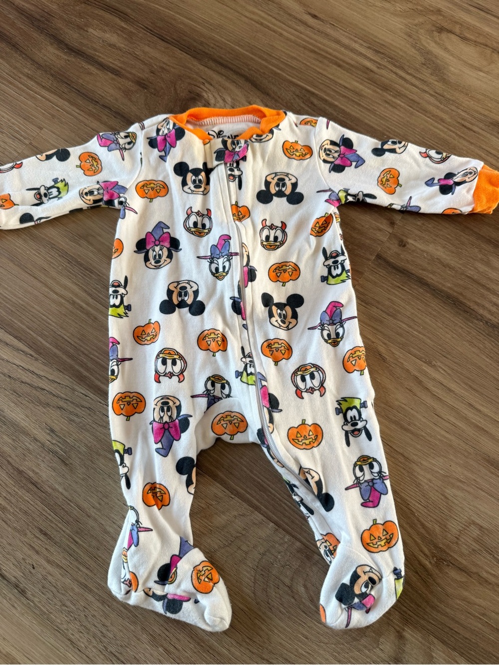 Disney White and Orange Halloween Mickey & Friends Footed One-Piece 0-3 Months